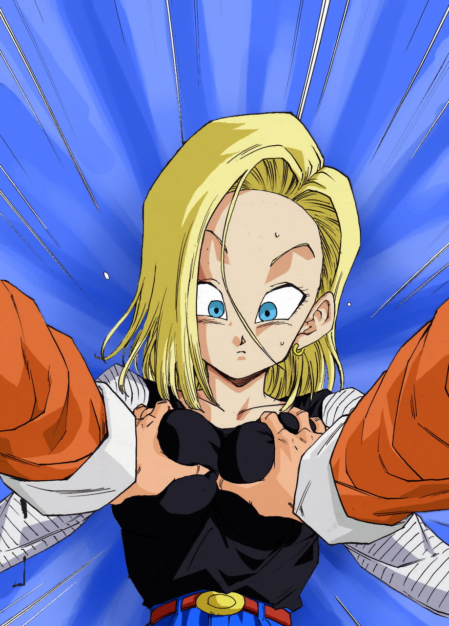 android_18 anime breast_grab breasts dragon_ball_z master_roshi surprised