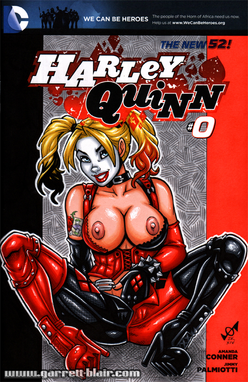1girl batman_(series) blue_eyes boots breasts choker comic_cover corset dc_comics elbow_gloves female_only fingering fingerless_gloves garrett_blair hand_in_pants harleen_quinzel harley_quinn heels looking_at_viewer multicolored_hair nipples solo_female tattoo topless twin_tails