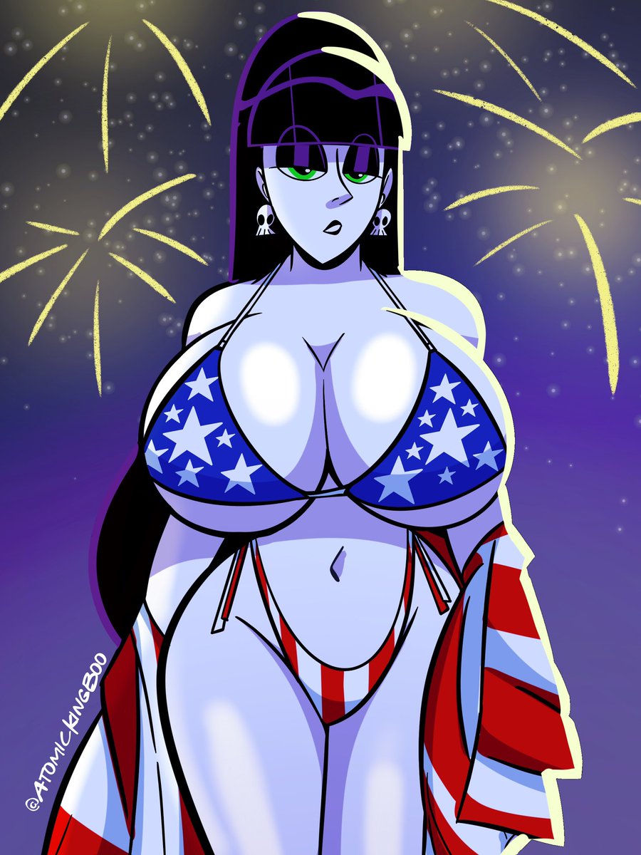 4th_of_july american_flag_bikini atomickingboo big_breasts bikini black_hair cleavage fireworks goth green_eyes lindel_dollice_quilten long_hair oc original_character printed_bikini