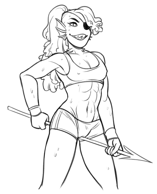 1girl 2d 2d_(artwork) abs anthro anthro_only breasts digital_media_(artwork) ear_fins eye_patch eyepatch female_only fins fish grinding grinding_on_weapon head_fins holding_spear holding_weapon hotlegmeme line_art lineart midriff monochrome navel nipple_bulge nipples_bulge nipples_through_clothes non-mammal_breasts non-mammal_navel non-mammal_nipples ponytail slit_pupils solo solo_anthro solo_female spear teeth tiny_breasts undertale undertale_(series) undyne video_game_character video_games weapon