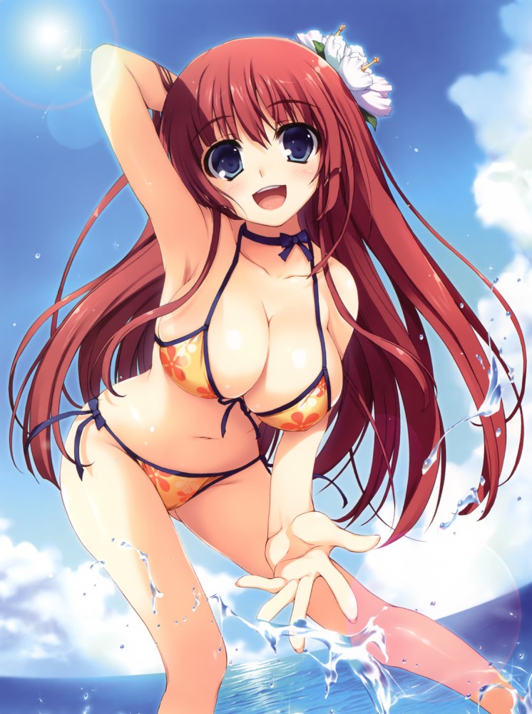 1_girl 1girl absurd_res absurdres arm arm_behind_head arm_up armpits arms art babe bare_legs bare_shoulders bent_over big_breasts bikini blue_eyes blush breasts choker cleavage cloud collarbone feet_in_water female floral_print flower hair_flower hair_ornament happy high_res highres large_breasts leaning leaning_forward legs lens_flare long_hair looking_at_viewer midriff navel neck ocean open_mouth original outstretched_hand red_hair ribbon ribbon_choker sea side-tie_bikini sky smile solo splashing sun swimsuit tomose_shunsaku water yellow_bikini yellow_swimsuit