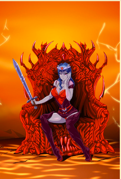 blue_hair demon demon_girl fap_titans nutaku purple_skin sword throne