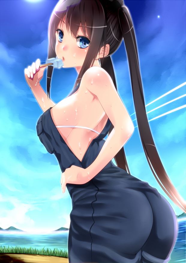 1girl amasora_taichi ass bare_shoulders bikini black_hair blue_eyes blue_sky blush body_blush breasts cloud eating female hand_on_hip hips long_hair looking_back original overalls popsicle sideboob sky solo string_bikini sweat swimsuit swimsuit_under_clothes twintails water wet white_bikini white_swimsuit