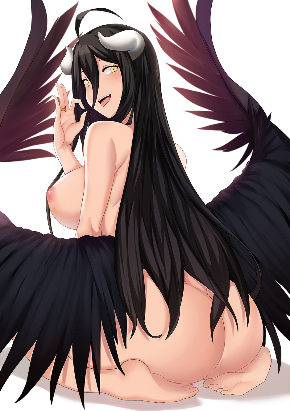 1girl 1girl 1girl ahoge albedo_(overlord) aori_sora areola ass barefoot black_hair black_wings blush breasts completely_nude demon_girl demon_horns erect_nipples feathered_wings feet fellatio_gesture from_behind full_body hair_between_eyes high_resolution horns huge_ass huge_breasts jewelry long_hair looking_at_viewer looking_back low_wings nipples nude open_mouth oral_invitation overlord_(maruyama) ring seiza sideboob sitting slit_pupils smile soles succubus tongue tongue_out very_long_hair wedding_band wings yellow_eyes