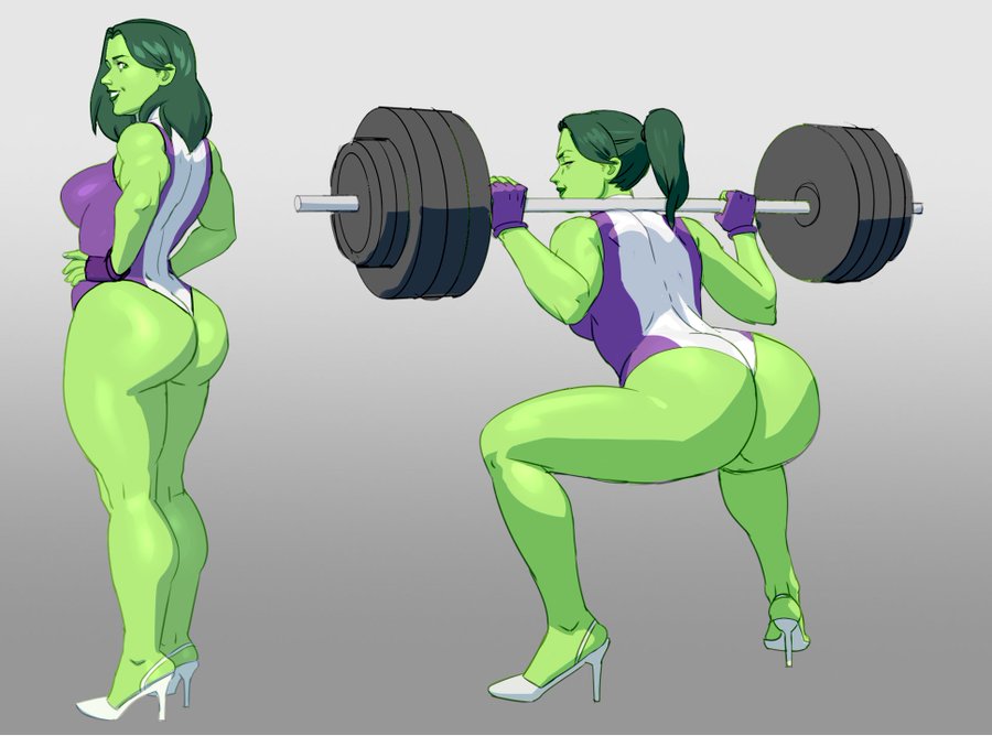 1girl ass barbell big_ass big_breasts female_only fingerless_gloves green_eyes green_hair green_skin high_heels jennifer_walters legs leotard lifting_weights looking_at_viewer marvel ponytail she-hulk simple_background smile strong weightlifting whargleblargle wootbloot workout