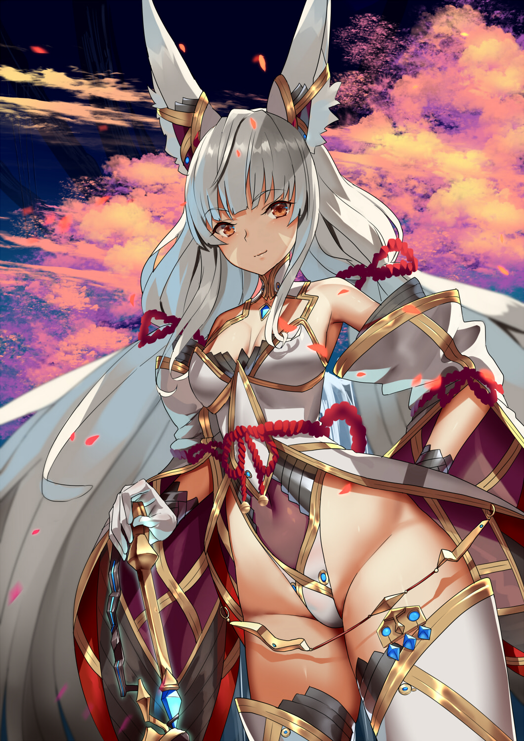 1girl alluring animal_ears bare_shoulders boots breasts brown_hair cat_ears cat_girl cherry_blossoms closed_mouth core_crystal_(xenoblade) covered_navel fujisaki_eru gloves high_res highleg highleg_leotard holding holding_sword holding_weapon leotard long_hair nia nia_(blade)_(xenoblade) nia_(xenoblade) nintendo outside petals small_breasts sword thigh_high_boots twin_tails very_long_hair weapon white_gloves white_hair white_leotard white_sleeves wide_sleeves xenoblade_(series) xenoblade_chronicles_2