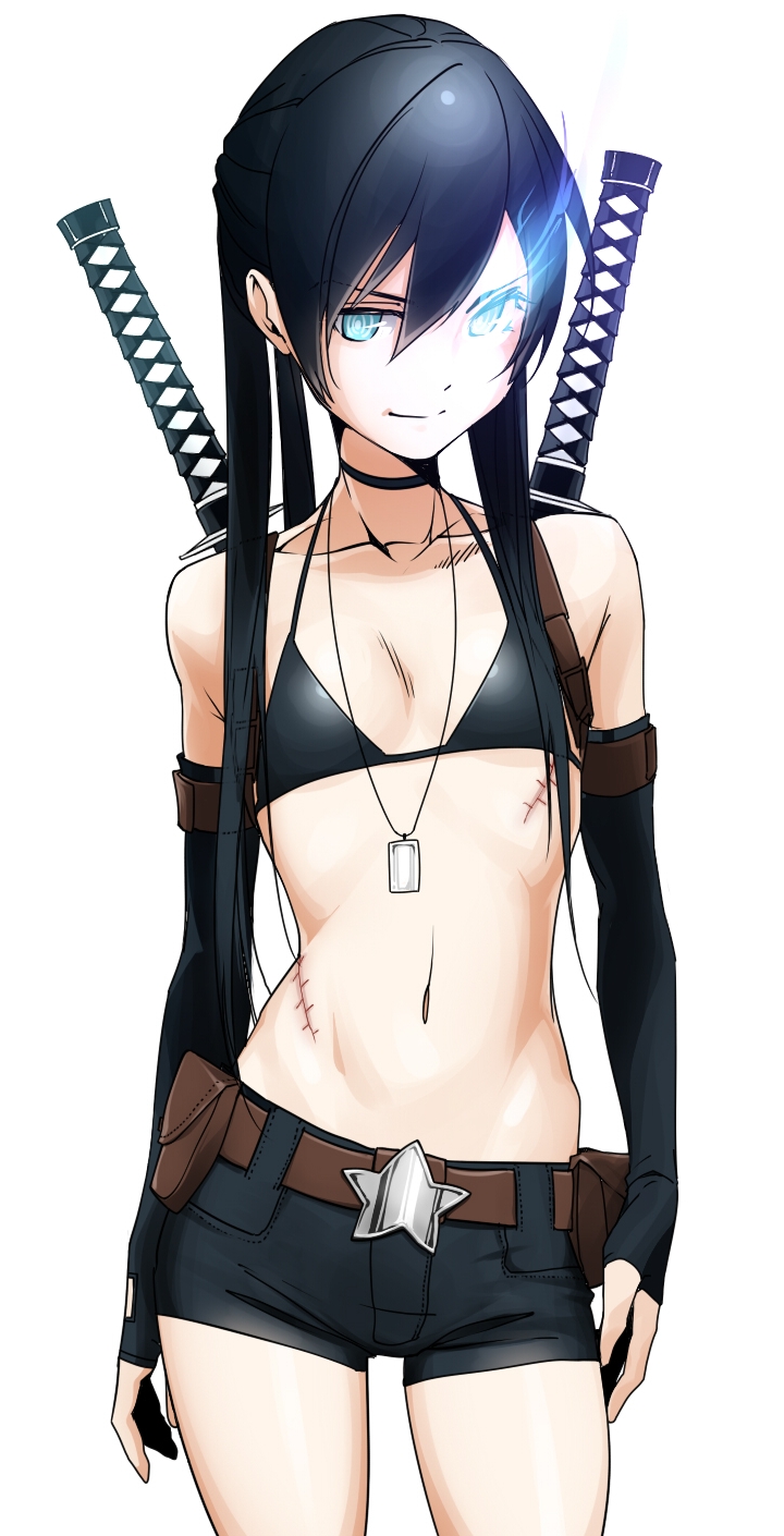 1girl aconitea arm_strap bare_shoulders belt bikini_top black_gloves black_hair black_rock_shooter black_rock_shooter_(character) blue_eyes choker collarbone contrapposto cowboy_shot dog_tags elbow_gloves female fingerless_gloves flat_chest gloves glowing glowing_eye highres katana light_smile long_hair midriff navel scar short_shorts shorts solo stitches sword twintails weapon white_background