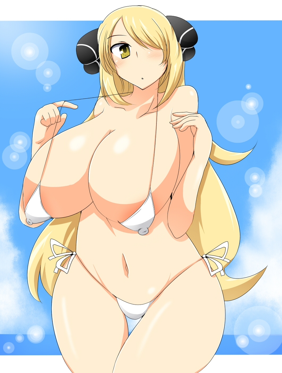 belly bikini blush breasts cleavage highres navel nipples pokemon shirona_(pokemon) swimsuit wedge