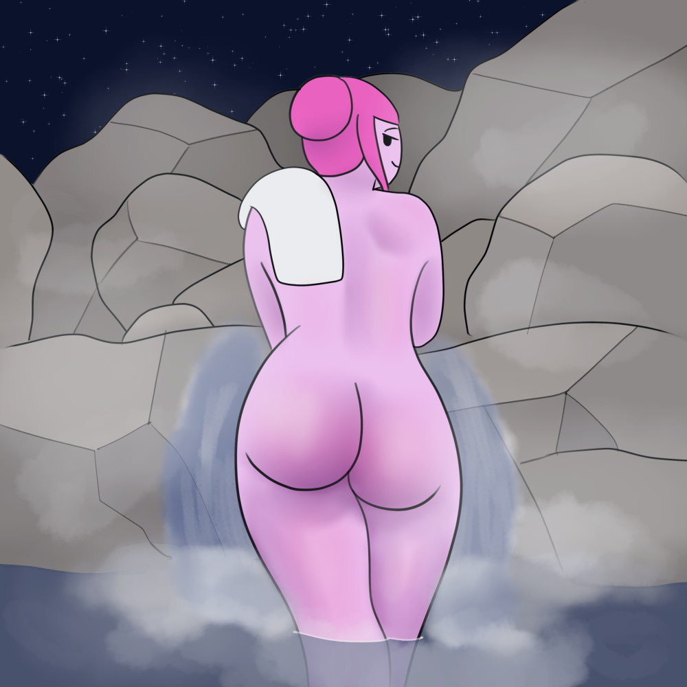 1girl adventure_time ass hot_spring looking_at_viewer looking_back magmameow nude nude_female pink_hair pink_skin princess_bubblegum rear_view solo_female steam towel water