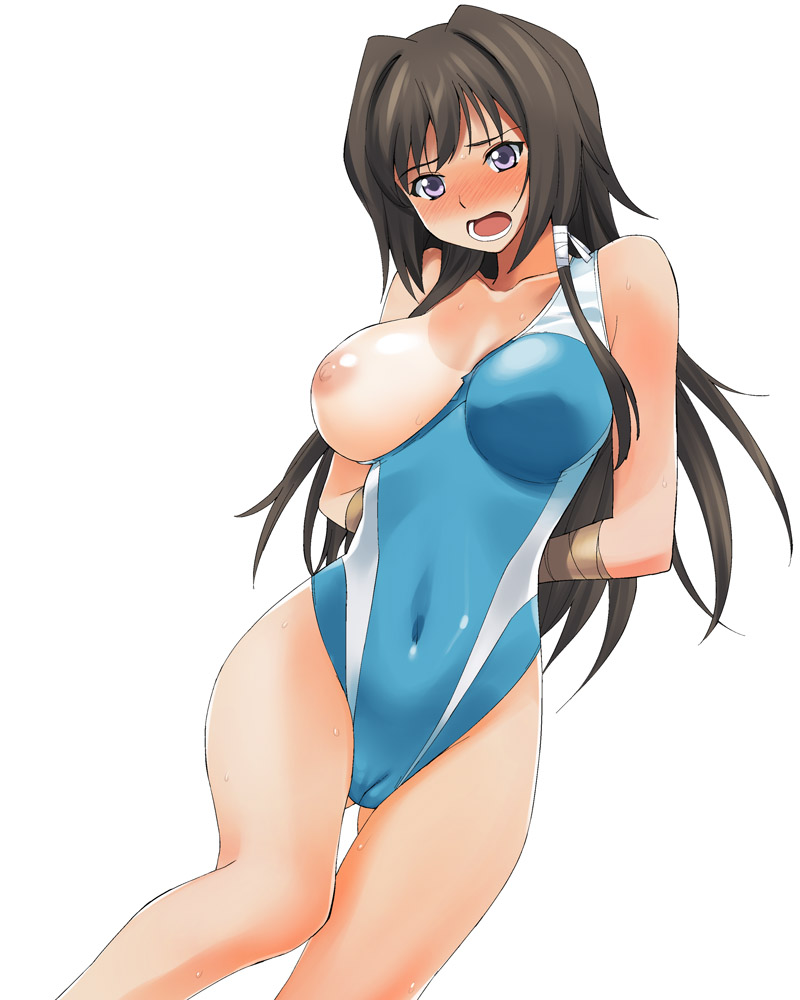 1girl a1 arms_behind_back black_eyes black_hair blush breast_slip breasts cameltoe character_request competition_swimsuit female large_breasts long_hair muvluv muvluv_alternative muvluv_total_eclipse nipples one-piece_swimsuit one-piece_tan one_breast_out simple_background solo sweat swimsuit takamura_yui tan tanline wardrobe_malfunction white_background
