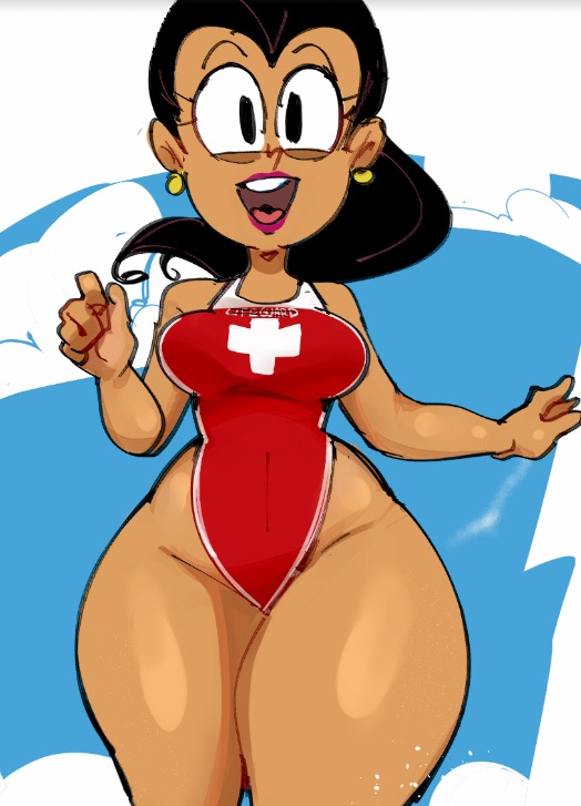 1girl 1girl bare_shoulders breasts brown_skin carlota_casagrande clothed curvy dark_hair earrings hand_drawn latina legs lifeguard long_hair looking_at_viewer nickelodeon non-nude one-piece_swimsuit open_mouth ponytail sexy slut standing swimsuit the_casagrandes the_loud_house thick thick_thighs wide_hips