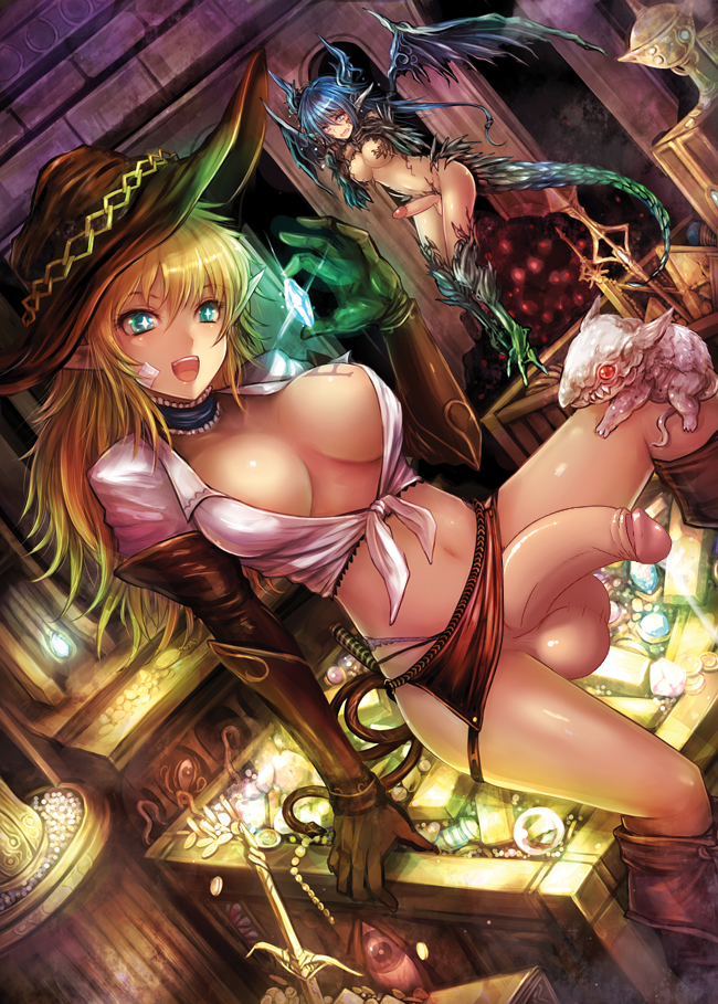 +_+ 1other 2girls :d aqua_eyes arm_support artist_request bad_link bandaid bat_wings big_breasts blonde_hair blue_eyes blue_hair blush boots breasts brown_gloves brown_hat claws cleavage clothing crystal curvaceous demon dickgirl dragon_girl duo dutch_angle edit elbow_gloves elf erection fairy female flaccid floating footwear front-tie_top futa_only futanari futanari_edit gem glint gloves glowing glowing_eyes gold gold_bar gold_coin green_eyes happy hat headwear high_resolution holding holding_crystal holding_object horns intersex jewelry kara_(color) large_breasts large_penis lingerie long_hair looking_at_viewer microskirt midriff mimic minigirl miniskirt monster monster_girl multiple_girls navel no_bra open-mouth_smile open_clothes open_mouth open_shirt original pantsu penis pink_panties pixiv_fantasia pointed_ears pointy_ears shiny shiny_skin shirt sitting skirt smile string_panties tail tattoo tied_shirt treasure treasure_chest underwear whip white_shirt wings