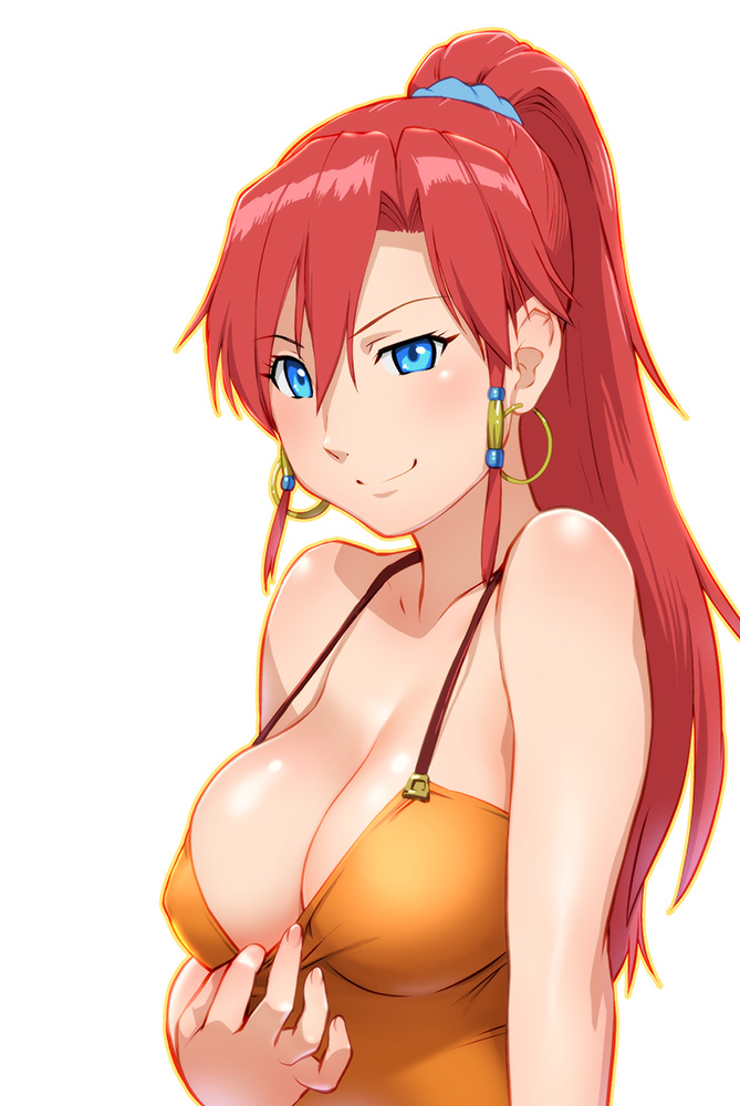 1girl bangs bare_shoulders bellows_(suisei_no_gargantia) blue_eyes blush breasts camisole cleavage earrings erect_nipples female flashing from_side hair_tubes high_ponytail hoop_earrings jewelry large_breasts long_hair naughty_face no_bra outline parted_bangs ponytail red_hair scrunchie shirt_tug sidelocks simple_background smile solo strap_gap suisei_no_gargantia teasing ueyama_michirou uneven_eyes upper_body white_background