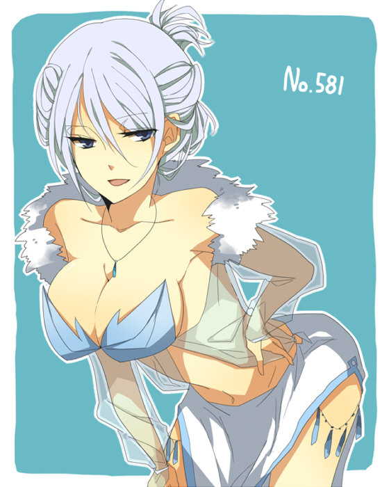 1girl bent_over big_breasts breasts cleavage humanized jewelry large_breasts moemon navel necklace open_mouth pokemon pokemon_(game) pokemon_black_and_white pokemon_bw ponytail purple_eyes scarf see-through shell short_hair skirt smile swana swanna white_hair