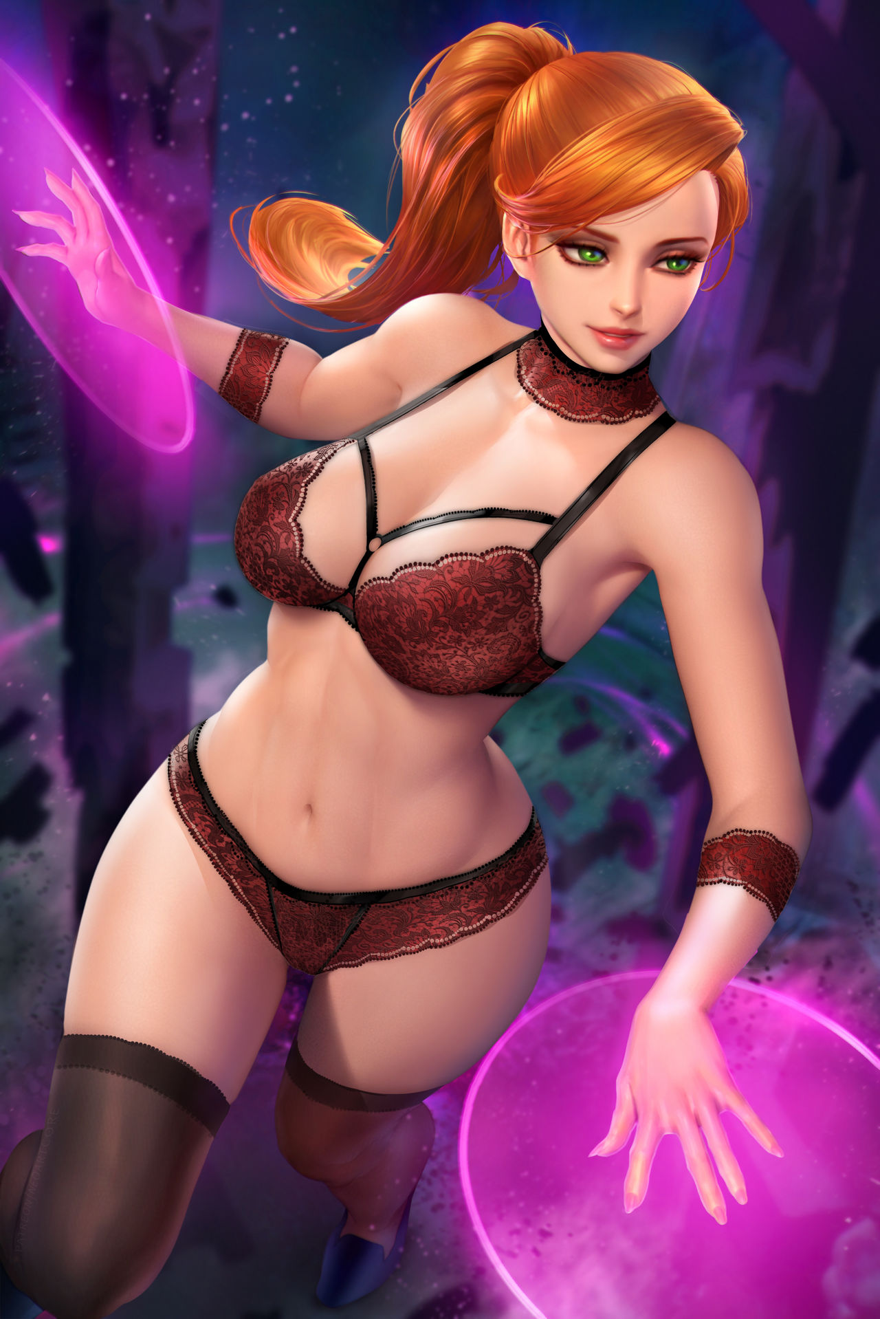 ben_10 ben_10:_alien_force bra breasts cartoon_network cleavage green_eyes gwen_tennyson lingerie long_hair neoartcore panties red_hair stockings thick_thighs toned toned_female