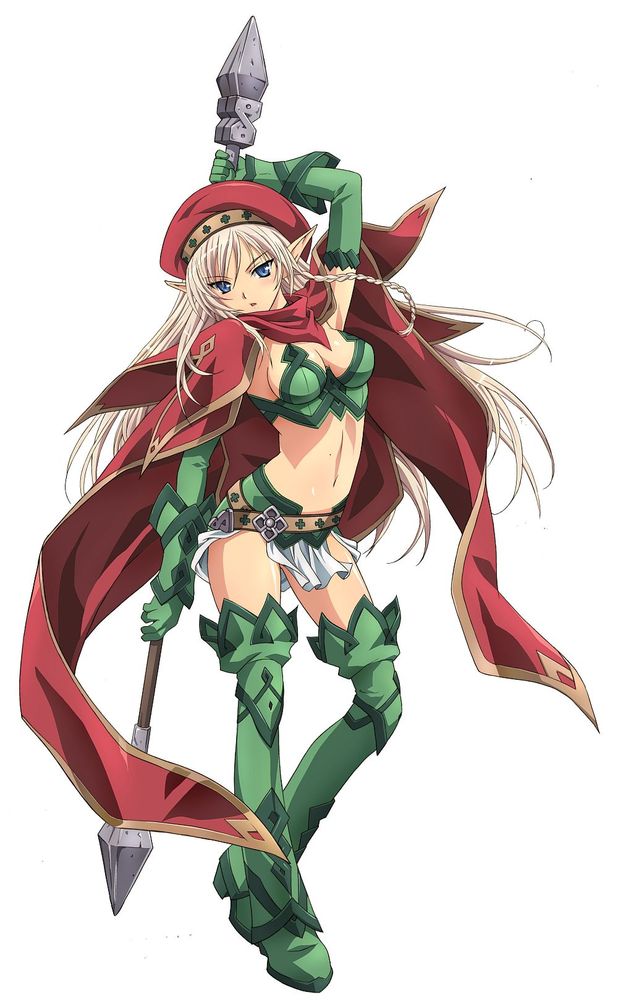 1girl alleyne_(queen's_blade) armor beret blonde_hair blue_eyes blush boots elf female hat long_hair official_art pointy_ears queen's_blade solo standing weapon