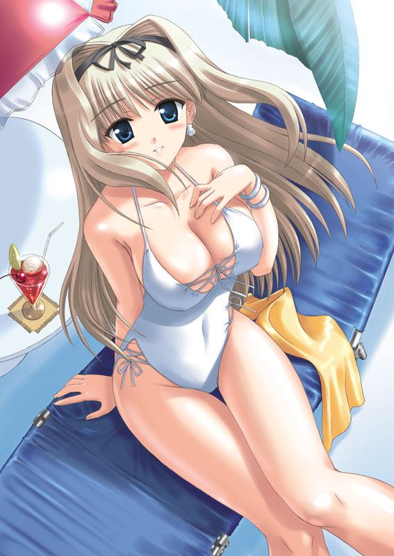 blonde_hair blue_eyes breasts brown_hair casual_one-piece_swimsuit chair cleavage drink earrings female hair_ribbon hand_on_own_chest hand_to_chest jewelry kishi_nisen kusugawa_sasara large_breasts long_hair lounge_chair navel one-piece_swimsuit palm_tree ribbon sitting solo swimsuit thigh_gap thighs to_heart_2 towel tree white_swimsuit