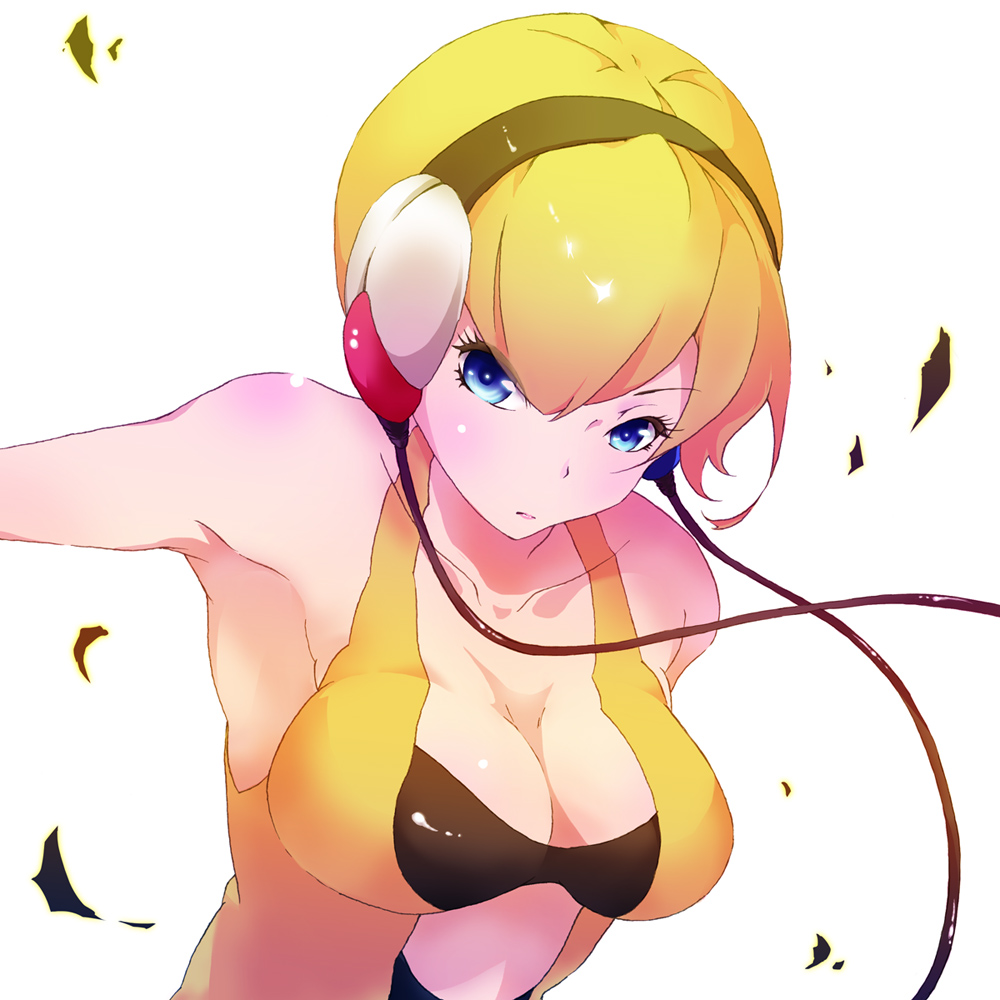 1girl abemichelle armpits bare_shoulders blonde_hair blue_eyes blush breasts cable cleavage elesa_(pokemon) female game_freak gym_leader headphones humans_of_pokemon kamitsure_(pokemon) large_breasts looking_at_viewer nintendo pokemon pokemon_(anime) pokemon_(game) pokemon_black_2_&amp;_white_2 pokemon_black_and_white pokemon_bw pokemon_bw2 short_hair simple_background solo white_background wire