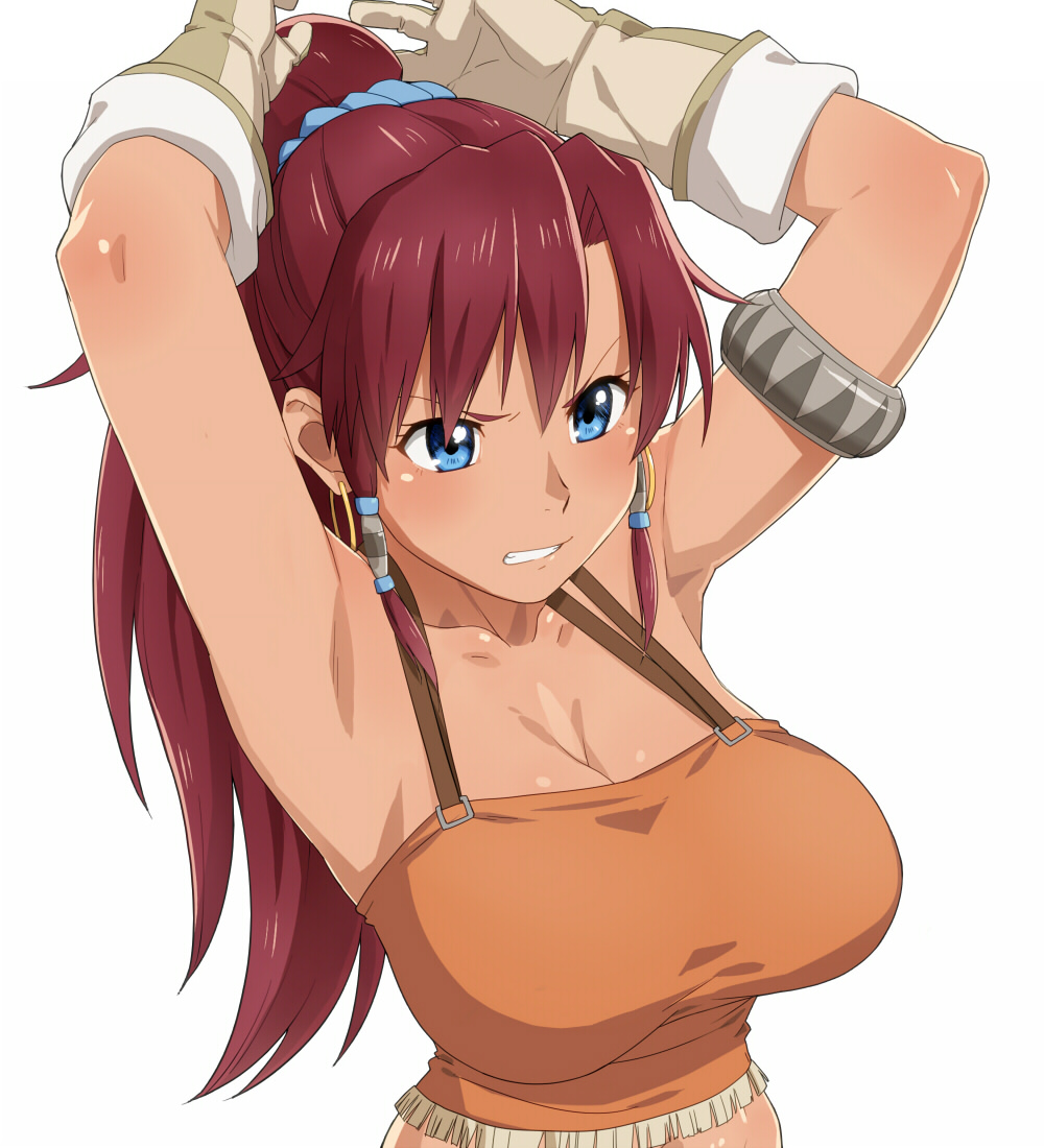 1girl armlet armpits arms_up bellows_(suisei_no_gargantia) blue_eyes breasts cleavage clenched_teeth earrings female gloves hoop_earrings jewelry large_breasts ponytail red_hair solo suisei_no_gargantia teeth tenchisouha