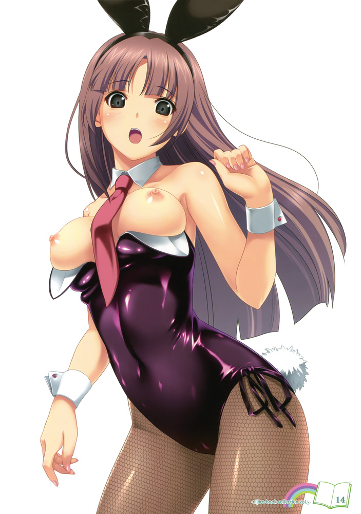 1_girl 1girl absurd_res absurdres animal_ears arm arms art bare_shoulders between_breasts big_breasts black_eyes blush breasts breasts_out breasts_outside brown_hair bunny_ears bunny_girl bunny_tail bunnysuit clothed_navel detached_collar embarrassed fake_animal_ears female fingernails fishnet_pantyhose fishnets grey_eyes high_res highres hime_cut koutaro large_breasts leotard long_hair looking_at_viewer looking_down nail_polish neck necktie nipples open_mouth pantyhose shiny shiny_skin shy simple_background solo surprised tail wardrobe_malfunction white_background wrist_cuffs