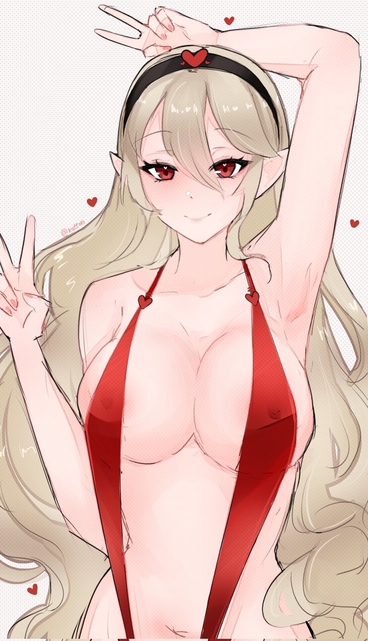 1girl alluring alternate_costume bare_legs big_breasts bikini corrin_(fire_emblem) corrin_(fire_emblem)_(female) female_only fire_emblem fire_emblem_fates looking_at_viewer nintendo one-piece_swimsuit peace_sign pointy_ears red_swimsuit serafineart1001 sling_bikini slingshot_swimsuit swimsuit v v_sign valentine's_day