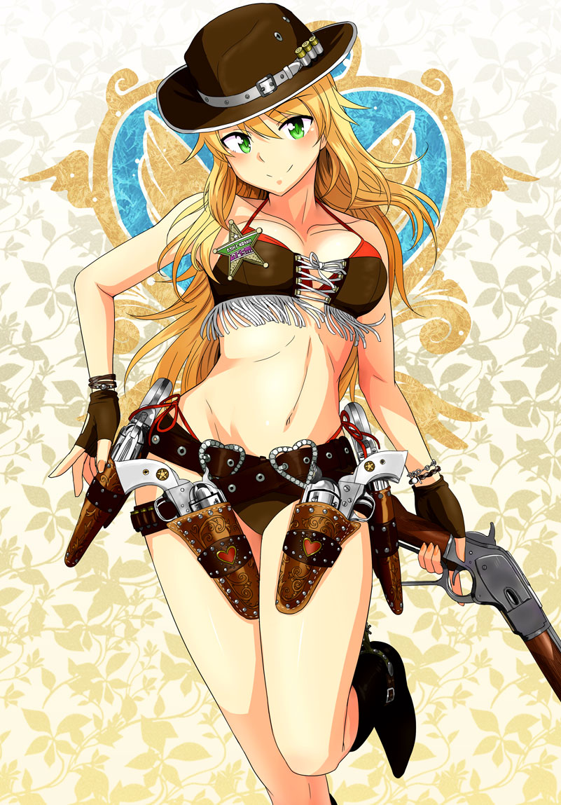 1girl bare_shoulders belly belt bikini blonde_hair blush boots bracelet breasts bullet cleavage collarbone cross-laced_clothes female fingerless_gloves front-tie_top gloves green_eyes gun hat holding holster hoshii_miki idolmaster jewelry leg_up long_hair looking_at_viewer midriff navel revolver rifle sheriff_badge shotgun side-tie_bikini simple_background smile solo spurs swimsuit swimsuit_under_clothes tsurui weapon western