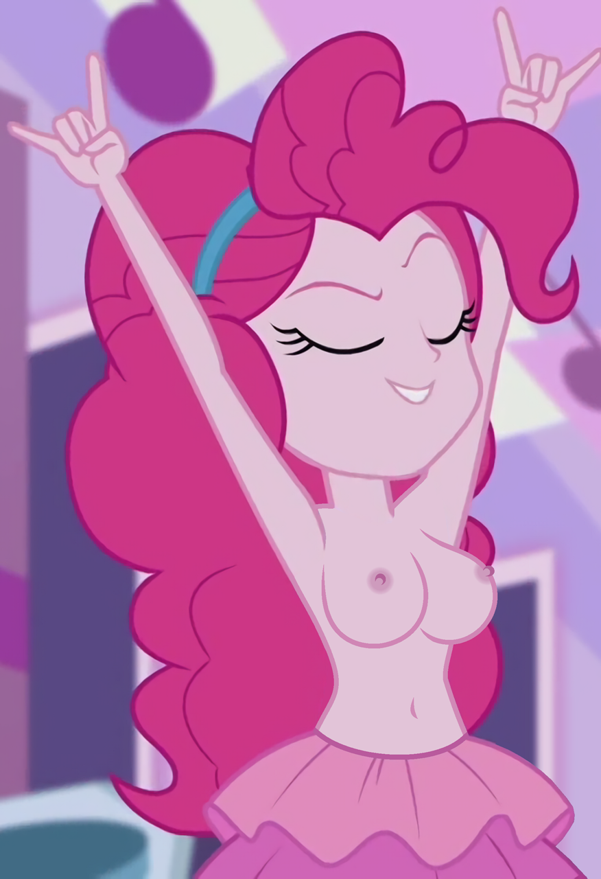 1girl alternate_version_available arms_up big_breasts breasts closed_eyes clothed edit equestria_girls female_only hasbro my_little_pony older older_female pinkie_pie pinkie_pie_(eg) pinkie_pie_(mlp) screenshot solo_female topless topless_female young_adult young_adult_female young_adult_woman