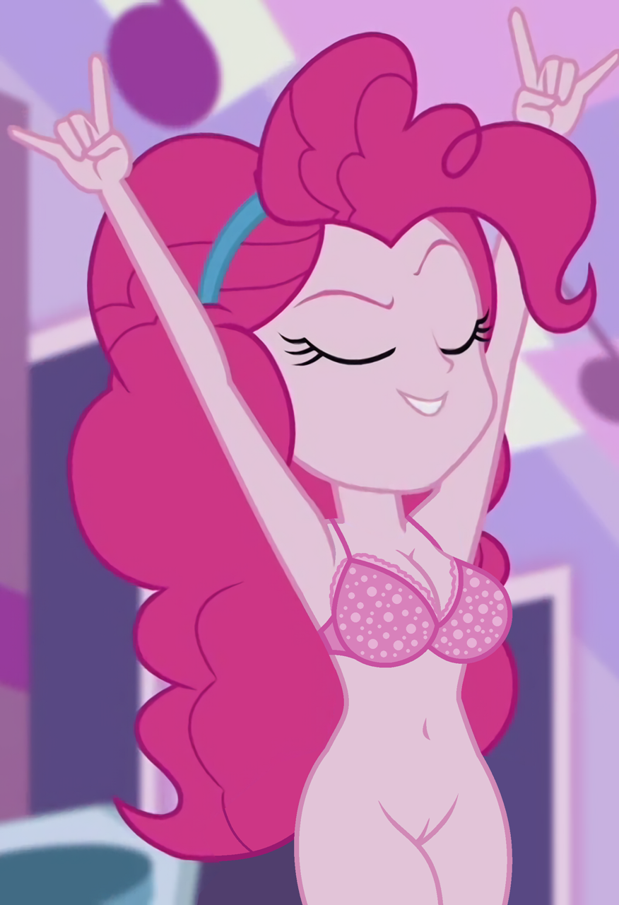 1girl alternate_version_available arms_up big_breasts bottomless bottomless_female bra breasts closed_eyes clothed edit equestria_girls female_only hasbro my_little_pony older older_female pinkie_pie pinkie_pie_(eg) pinkie_pie_(mlp) screenshot solo_female young_adult young_adult_female young_adult_woman
