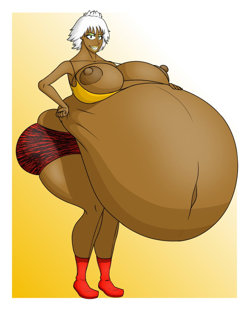 1girl aregularslime ass ballmastrz:_9009 belly belly_expansion belly_inflation big_ass big_belly big_breasts breasts dark-skinned_female dark_skin gaz_digzy huge_belly huge_breasts inflation nipples short_hair solo_female white_hair