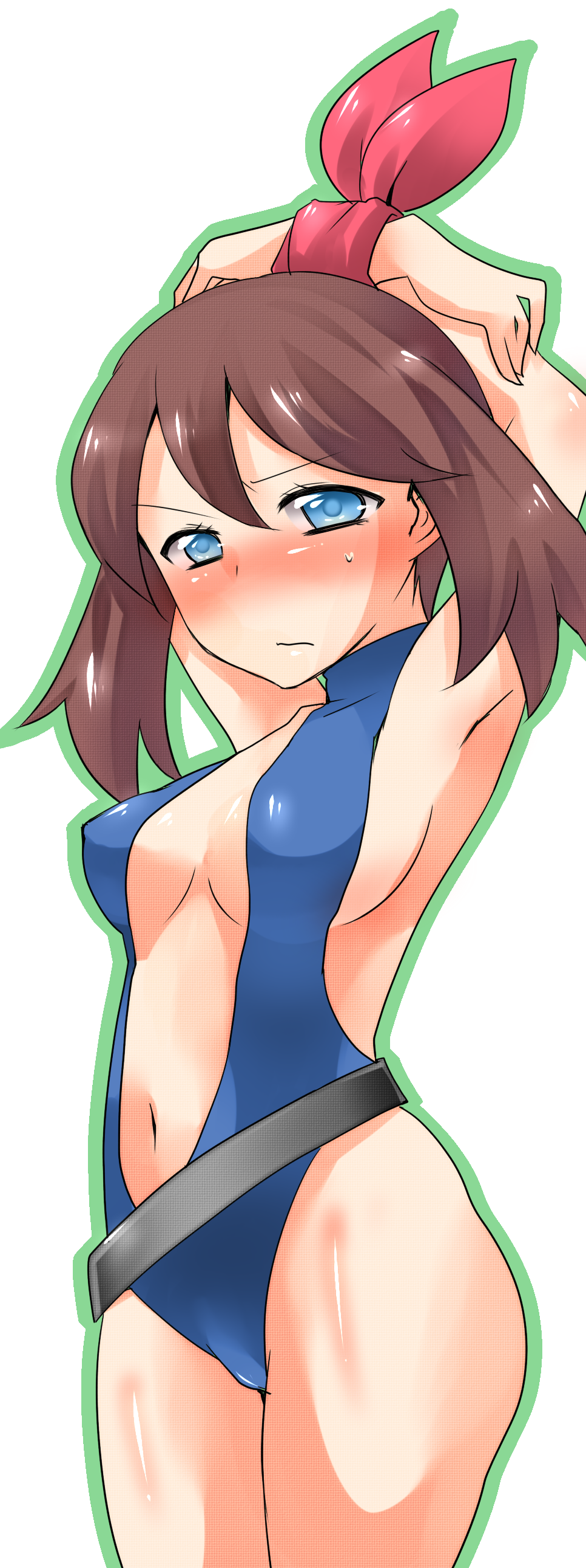 absurdres artist_request blue_eyes blue_swimsuit blush bound bound_wrists brown_hair covered_nipples embarrassed game_freak haruka_(pokemon) highres humans_of_pokemon looking_at_viewer may_(pokemon) medium_breasts nintendo nipples one-piece_swimsuit pokemon pokemon_(anime) pokemon_diamond_pearl_&amp;_platinum pokemon_dppt ribbon sweatdrop swimsuit tied tied_up wavy_mouth