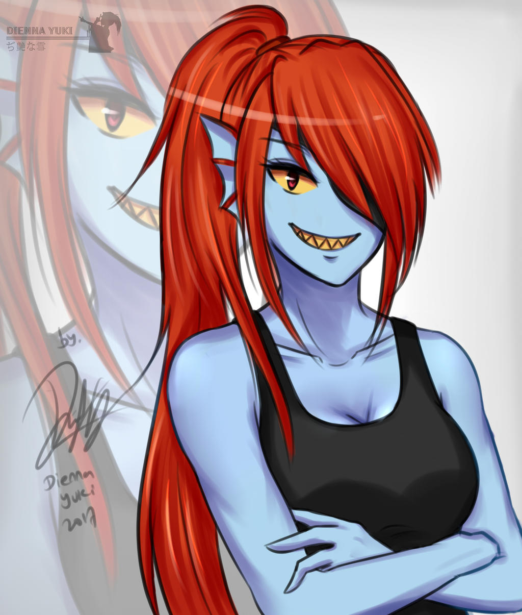 1girl 2d 2d_(artwork) anthro anthro_only artist_name artist_signature blue_body blue_skin breasts crossed_arms deviantart dhampirenevercry dienna_yuki digital_media_(artwork) ear_fins eye_patch eyepatch female_anthro female_only fins fish fish_girl hair hair_over_one_eye head_fins long_hair marine monster monster_girl non-mammal_breasts ponytail red_hair red_ponytail sharp_teeth signature slit_pupils solo_anthro solo_female teeth undertale undertale_(series) undyne upper_body video_game_character video_games yellow_sclera yellow_teeth zoom_layer