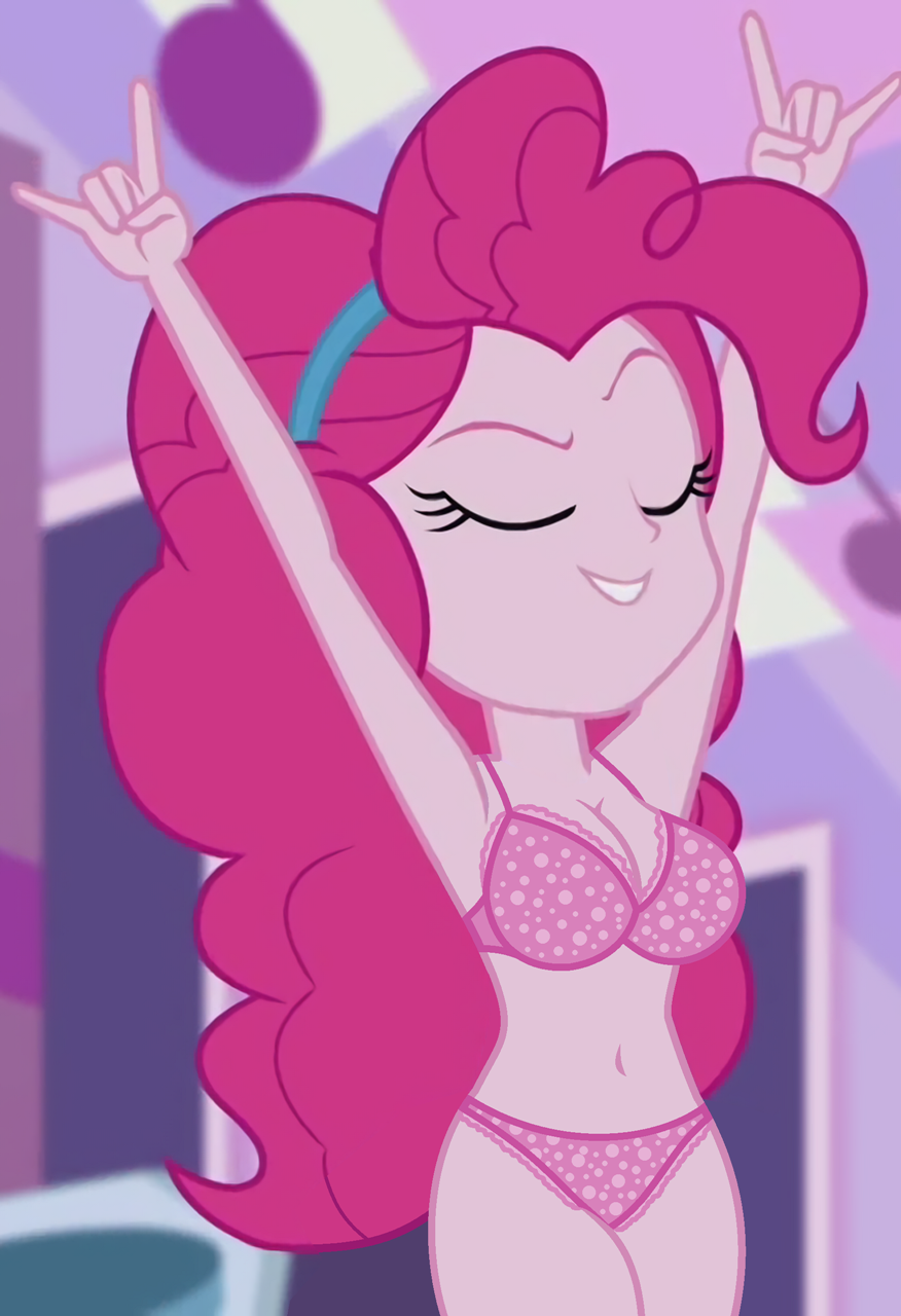 1girl alternate_version_available arms_up big_breasts bra breasts closed_eyes clothed edit equestria_girls female_only hasbro my_little_pony older older_female panties pinkie_pie pinkie_pie_(eg) pinkie_pie_(mlp) screenshot solo_female young_adult young_adult_female young_adult_woman