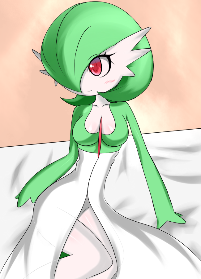 breasts cleavage female gardevoir green_hair pokemon red_eyes solo