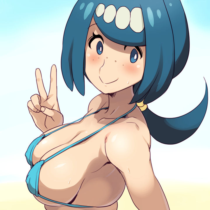 1girl 1girl 1girl anime_milf armpits bare_shoulders big_breasts bikini blue_eyes blue_hair blush breasts clothed clothed_female e_keroron eyelashes female_focus female_only human human_only lana's_mother_(pokemon) long_hair looking_at_viewer mature mature_female milf mob_face pokemon pokemon_sm ponytail sideboob smile solo_female solo_focus suiren's_mother_(pokemon) sweat tagme v video_game_franchise