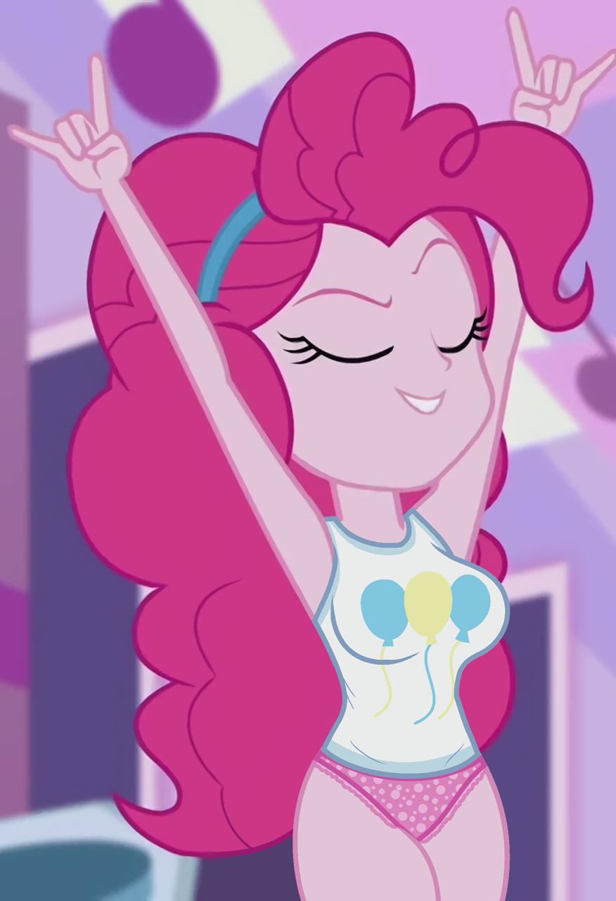 1girl alternate_version_available arms_up big_breasts breasts closed_eyes clothed edit equestria_girls female_only hasbro my_little_pony older older_female panties pinkie_pie pinkie_pie_(eg) pinkie_pie_(mlp) screenshot solo_female young_adult young_adult_female young_adult_woman