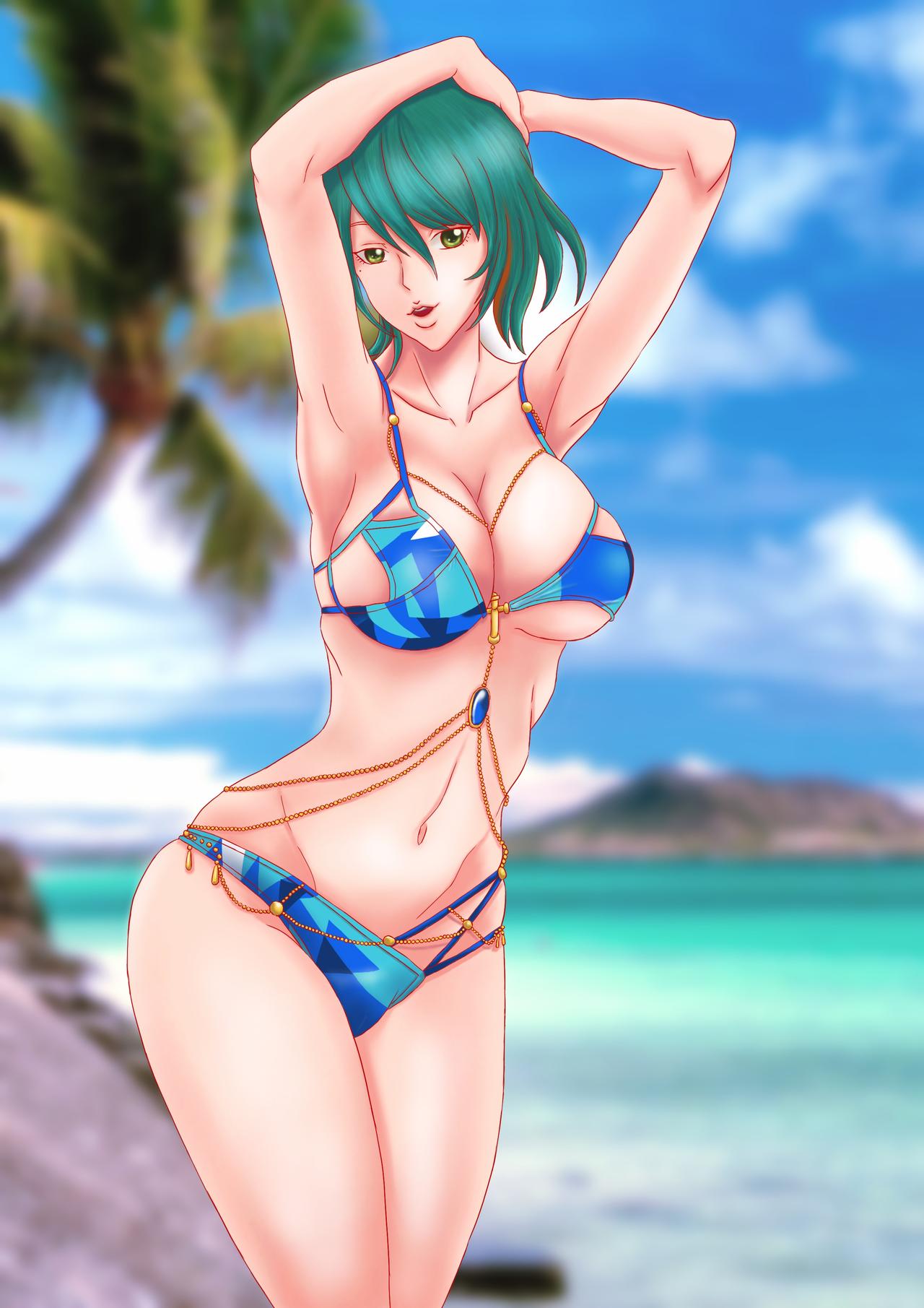 1girl alluring aqua_hair beach big_breasts blue_sky cleavage dead_or_alive dead_or_alive_xtreme_venus_vacation high_res multicolored_hair ocean streaked_hair swimsuit tagme tamaki_(doa) tecmo twilightchapter