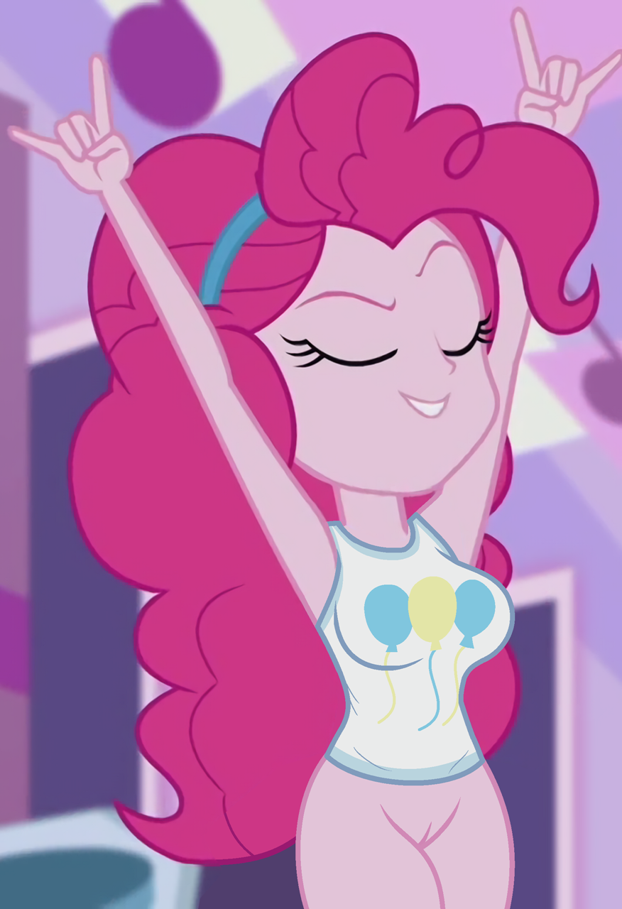 1girl alternate_version_available arms_up big_breasts bottomless bottomless_female breasts closed_eyes clothed edit equestria_girls female_only hasbro my_little_pony older older_female pinkie_pie pinkie_pie_(eg) pinkie_pie_(mlp) screenshot solo_female young_adult young_adult_female young_adult_woman