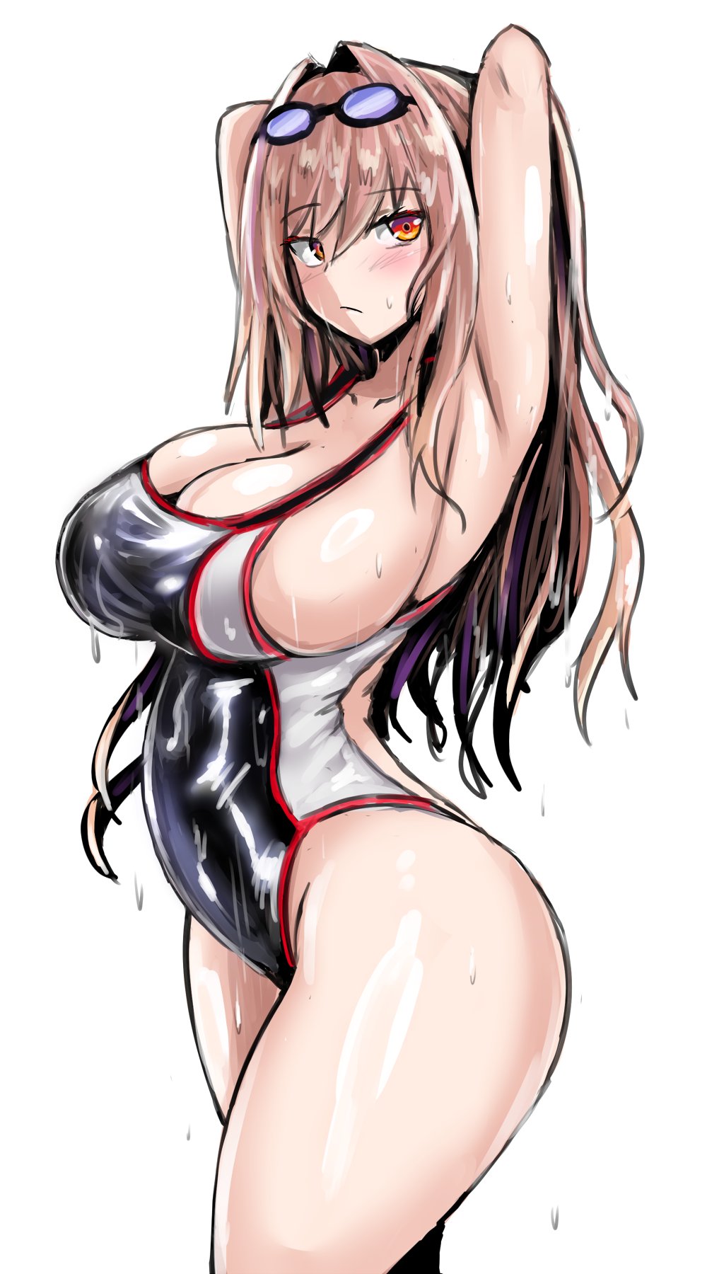 1girl :/ armpits arms_behind_head ass big_breasts black_one-piece_swimsuit breasts cleavage covered_navel cowboy_shot curvy from_side geist43195783 goddess_of_victory:_nikke goggles goggles_on_head hair_intakes high_res highleg highleg_swimsuit huge_ass light_brown_hair long_hair multicolored_clothes multicolored_swimsuit official_alternate_costume one-piece_swimsuit orange_eyes rapi_(nikke) shiny_skin sideboob simple_background swimsuit wet white_background white_one-piece_swimsuit wide_hips
