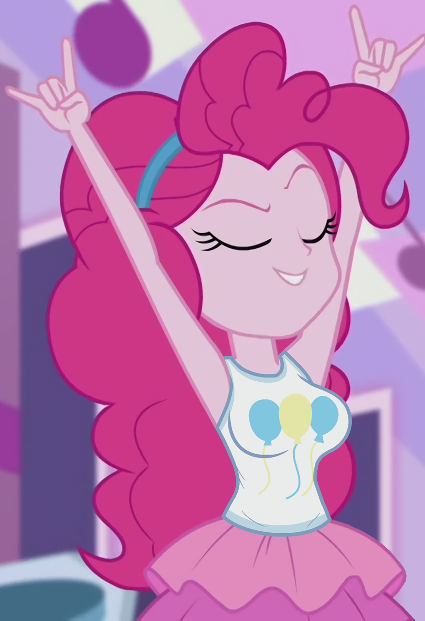 1girl alternate_version_available arms_up big_breasts breasts closed_eyes clothed edit equestria_girls female_only hasbro my_little_pony older older_female pinkie_pie pinkie_pie_(eg) pinkie_pie_(mlp) screenshot solo_female young_adult young_adult_female young_adult_woman