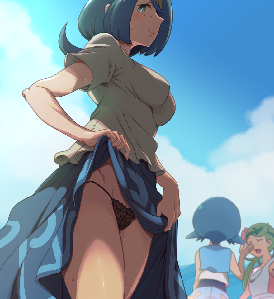 3_girls anime_milf big_breasts blue_eyes blue_hair breasts clothed_female dark-skinned_female dark_skin dress_lift e_keroron eye_contact female_focus female_only flower flower_in_hair green_hair human lana's_mother_(pokemon) lana_(pokemon) long_hair looking_at_viewer looking_back mallow_(pokemon) mao_(pokemon) mature mature_female milf milf mob_face multiple_girls nintendo no_sclera pale-skinned_female pale_skin pokemon pokemon_sm short_hair smile solo_focus suiren's_mother_(pokemon) suiren_(pokemon) sweat tagme thick_thighs thighs twin_tails video_game_franchise