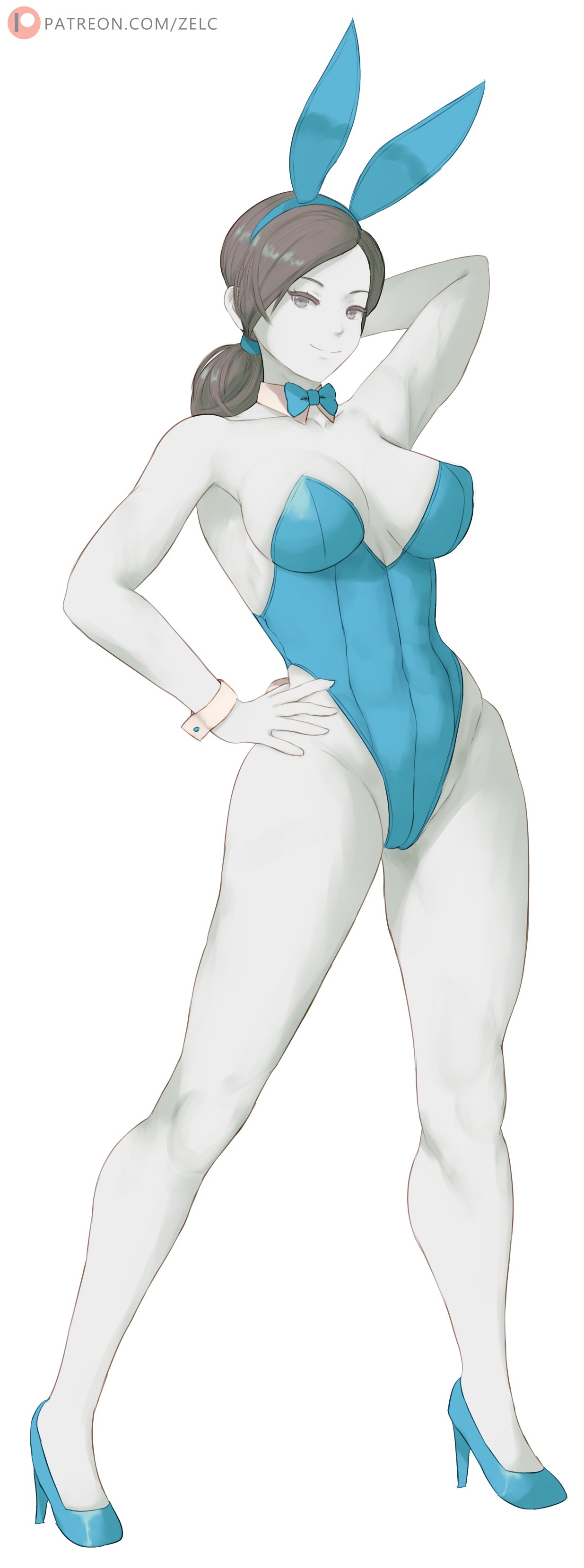 1girl 1girl absurd_res alluring alternate_costume animal_ears arm_up bare_legs bare_shoulders big_breasts black_hair blue_leotard bow bowtie breasts closed_mouth colored_skin covered_navel detached_collar fake_animal_ears full_body grey_eyes hand_on_own_hip high_heels high_res highleg highleg_leotard leotard long_hair looking_at_viewer nintendo no_sclera playboy_bunny ponytail rabbit_ears smile standing strapless strapless_leotard traditional_bowtie white_skin wii_fit wii_fit_trainer wii_fit_trainer_(female) wrist_cuffs zelc-face