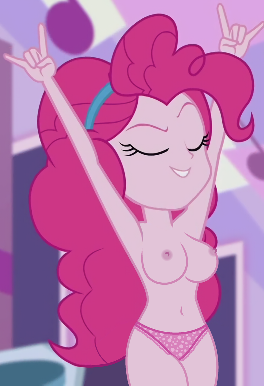 1girl alternate_version_available arms_up big_breasts breasts closed_eyes clothed edit equestria_girls female_only hasbro my_little_pony older older_female panties pinkie_pie pinkie_pie_(eg) pinkie_pie_(mlp) screenshot solo_female topless topless_female young_adult young_adult_female young_adult_woman