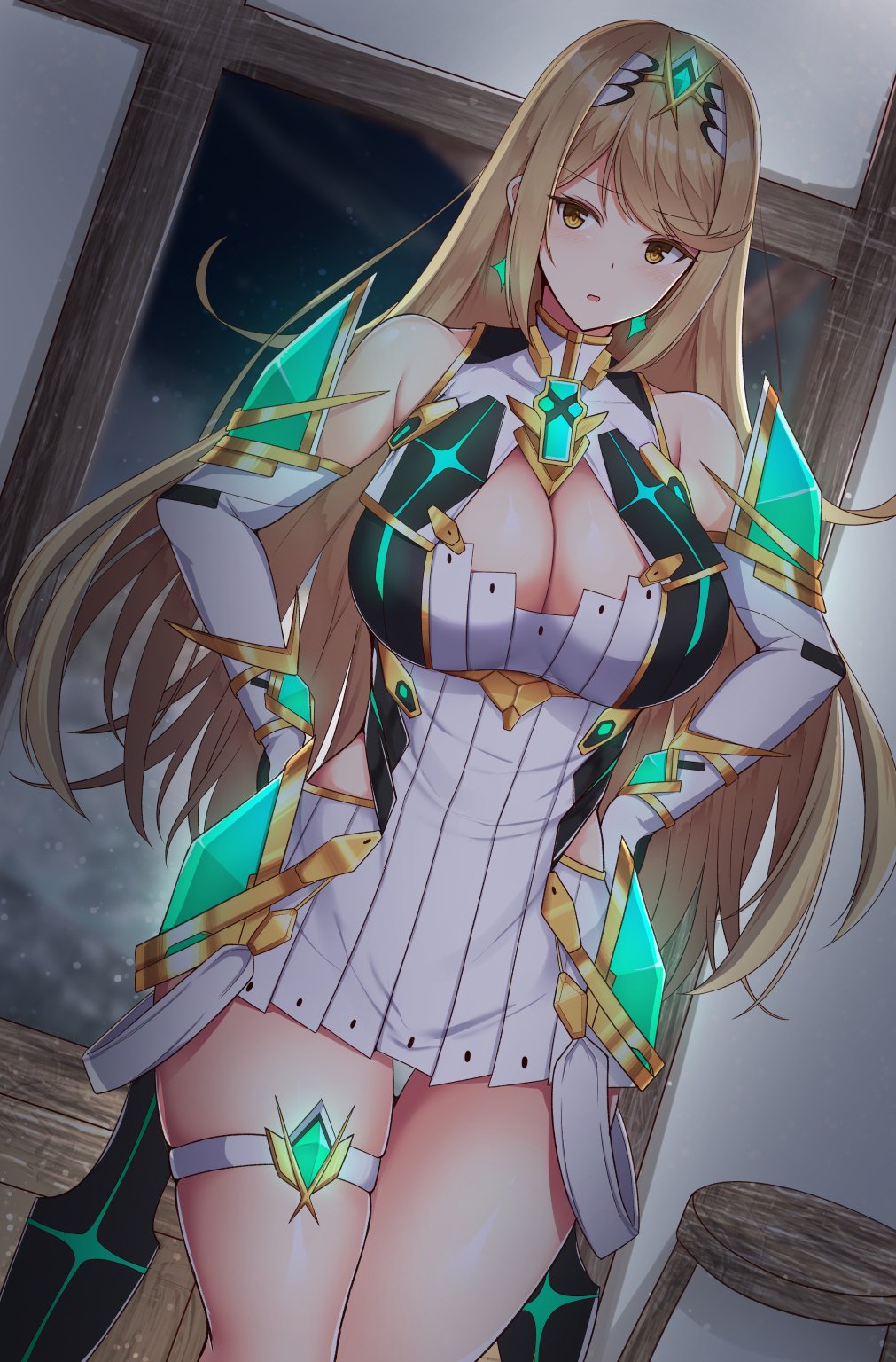 1girl 1girl 1girl alluring bangs bare_shoulders big_breasts big_breasts blonde_hair blush chest_jewel cleavage cleavage_cutout clothing dress earrings elbow_gloves fully_clothed gem gloves headpiece high_res jewelry long_hair looking_at_viewer mythra nintendo noeomi open_mouth short_dress swept_bangs thigh_strap thighs tiara white_dress white_gloves xenoblade_(series) xenoblade_chronicles_2 yellow_eyes