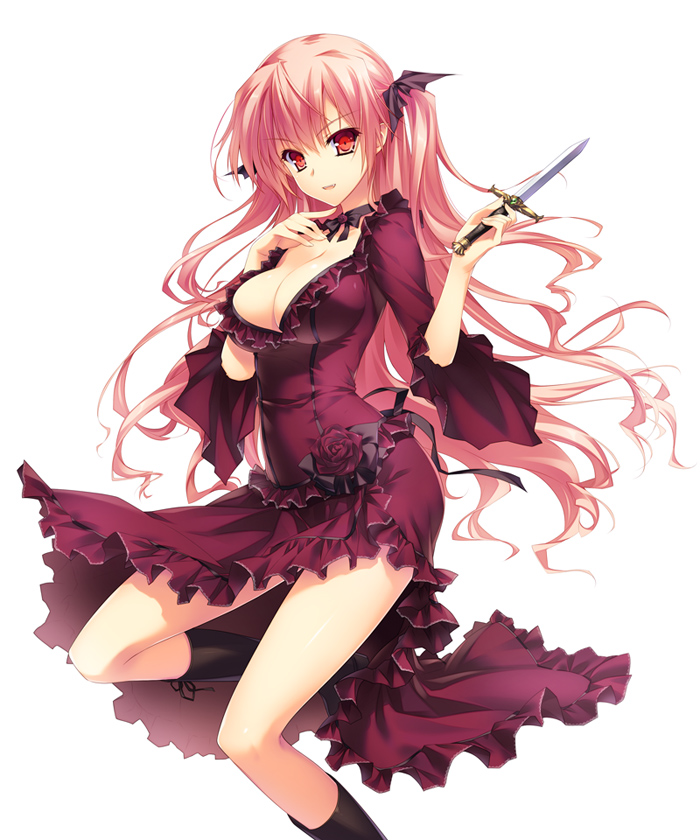 1girl boots breasts choker cleavage dagger dress fang female flower frilled_dress frills gin_no_cross_to_draculea hair_ornament knee_boots long_hair pink_hair red_dress red_eyes ribbon_choker rose rushella_dam_draculea simple_background smile solo two_side_up very_long_hair weapon white_background yasaka_minato