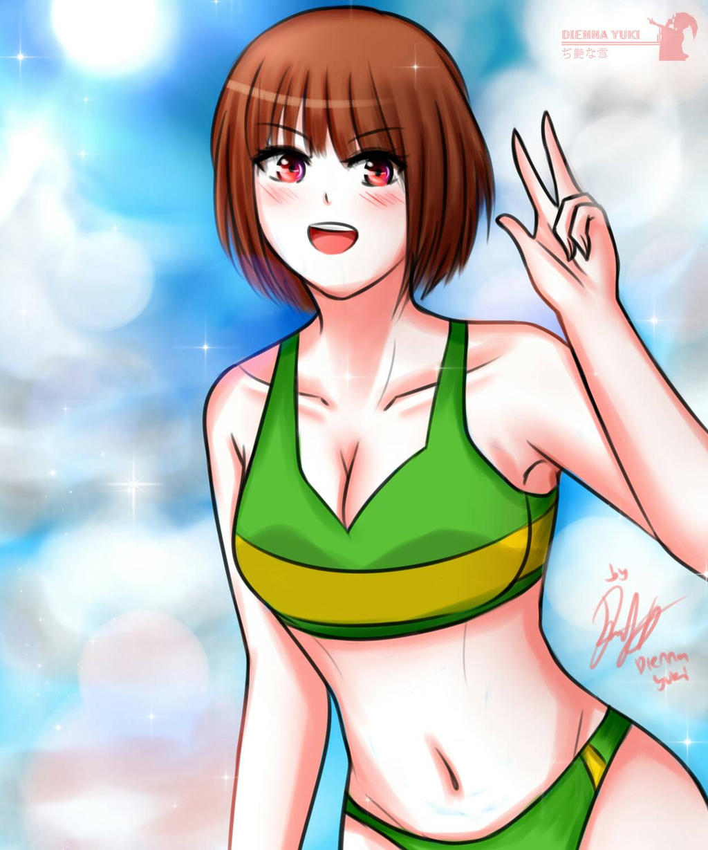 1girl 2010s 2017 2d 2d_(artwork) aged_up artist_name artist_signature breasts brown_hair chara chara_(undertale) cleavage clothing deviantart dhampirenevercry dienna_yuki digital_media_(artwork) female_chara female_human green_swimsuit human human_only medium_breasts navel red_eyes short_hair signature sky sky_background smiling solo_human striped_swimsuit swimsuit undertale undertale_(series) upper_body v v_sign video_game_character video_games
