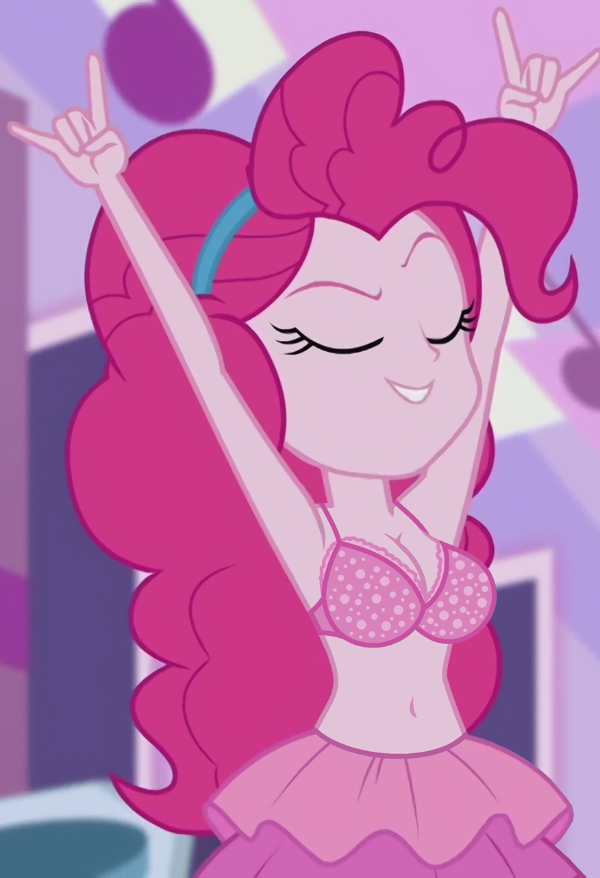 1girl alternate_version_available arms_up big_breasts bra breasts closed_eyes clothed edit equestria_girls female_only hasbro my_little_pony older older_female pinkie_pie pinkie_pie_(eg) pinkie_pie_(mlp) screenshot solo_female young_adult young_adult_female young_adult_woman