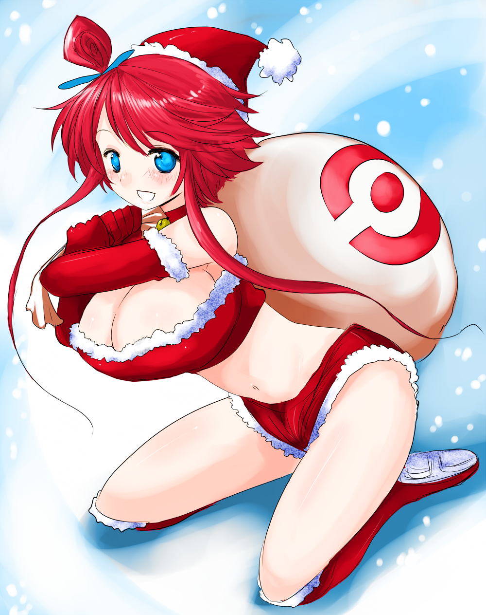 alluring bag bent_over big_breasts blue_eyes blush boots breasts christmas christmas_outfit cleavage creatures_(company) fuuro_(pokemon) game_freak gloves gym_leader han64 han_(jackpot) hat highres huge_breasts humans_of_pokemon kneeling large_breasts lingerie navel nintendo open_mouth pokemon pokemon_(anime) pokemon_(game) pokemon_black_2_&amp;_white_2 pokemon_black_and_white pokemon_bw pokemon_bw2 porkyman red_hair santa_costume santa_hat santa_outfit short_hair shorts side_ponytail skyla_(pokemon) smile underwear