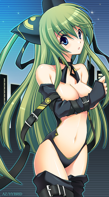 1girl animal_ears bare_shoulders belt blue_eyes breast_hold breasts covering detached_sleeves female green_hair large_breasts long_hair midriff original original_character solo thighhighs topless won_(az_hybrid)