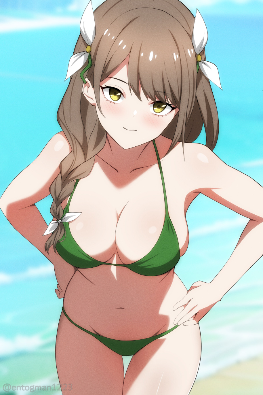 1girl 1girl 1girl alluring alternate_costume beach big_breasts bikini blue_sky braid braided_ponytail breasts brown_hair cleavage closed_mouth day english_commentary entogman female_only fire_emblem fire_emblem_engage goldmary_(fire_emblem) green_bikini green_swimsuit hair_over_shoulder hands_on_own_hips high_res long_hair looking_at_viewer navel nintendo ocean outside sky smile stomach swimsuit thigh_gap thighs yellow_eyes