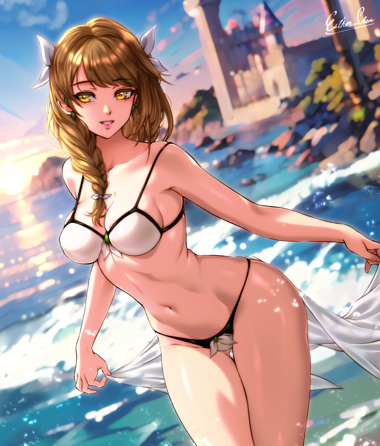 1girl 1girl 1girl alluring alternate_costume artist_name ass_visible_through_thighs bare_arms bare_thighs beach big_breasts bikini black_bikini blue_sky blurry blurry_background braid braided_ponytail breasts brown_hair castle cleavage commentary english_commentary esther-shen esther_shen female_only fire_emblem fire_emblem_engage goldmary_(fire_emblem) grin hair_over_shoulder hair_ribbon lips long_hair looking_at_viewer medium_breasts navel nintendo ocean outside pink_lips ribbon side_ponytail sideboob sky smile stomach sunlight sunset swimsuit teeth thighs two-tone_bikini veil water white_bikini white_ribbon white_swimsuit yellow_eyes